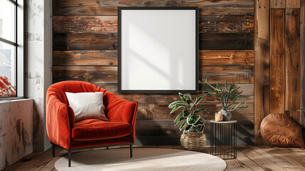 living room with a red sofa, Mockup on wall frame, mockup frame, Blank artwork frame mockup on white room wall, Wooden one horizontal frame mockup on wooden cupboard, Blank picture frame mockup, Ai 