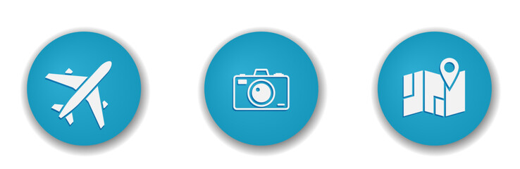 travel round icons. plane, map and camera. vector color illustration for tourism design