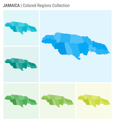 Jamaica map collection. Country shape with colored regions. Light Blue, Cyan, Teal, Green, Light Green, Lime color palettes. Border of Jamaica with provinces for your infographic. Vector illustration.