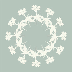 Handmade linocut organic pressed floral vector wreath in whimsical scandi style. Folkart natural woodland frame with woodcut effect for digital monochrome artwork. 