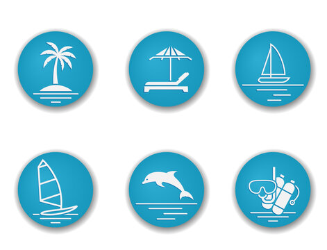 summer vacation round icon set. sea, beach and palm. vector color illustrations for tourism design