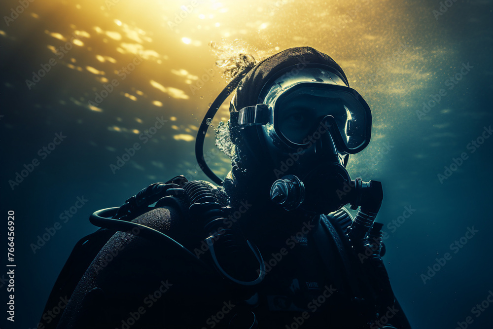 Poster ai generated picture of diver man swimming in the deep ocean blue light under water