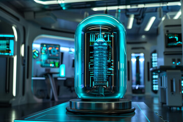 A sleek, metallic cryonics capsule, glowing with soft blue lights, nestled in a futuristic lab setting. The capsule is surrounded by advanced monitoring .
