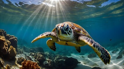 green sea turtle. turtle swimming in the sea. a sea turtle is swimming in the ocean. Ai image