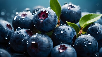 blueberries in the water. blueberries in a glass. a bunch of blueberries with drops of water on them, a macro photography. Ai image