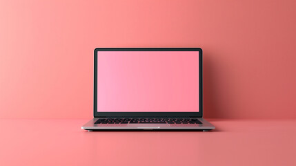 laptop on a table, Pink background Laptop computer mockup, Wooden table with laptop white screen, blank laptop screen mockup,  Laptop with blank screen mockup, Laptop On The Desktop Mock Up, laptop,Ai