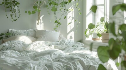 a serene Scandinavian bedroom, transformed into a spring oasis.