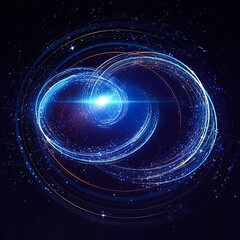 A blue, glowing, spiral shape with a bright light shining from the center