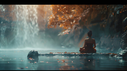  meditation in nature, inner peace, sun rays, forest bathing, mental clarity,  - obrazy, fototapety, plakaty