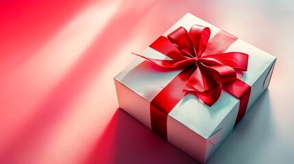 a serene scene, where a blank white gift box with a vibrant red ribbon bow rests gracefully against a backdrop of light red and pink hues.
