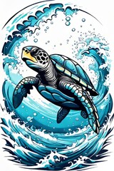 Majestic sea turtle gracefully gliding through crystal clear waters of ocean. For educational materials for kids, game design, animated movies, tourism, stationery, Tshirt design, clothing design.