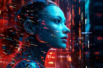 A woman walking in a futuristic city illuminated by red and blue lights.
