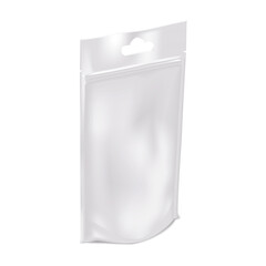 Blank white tear notch stand-up pouch with zip lock and euro hole realistic mock-up. Plastic bag template. Hanging standup zipper package vector mockup - 766458342