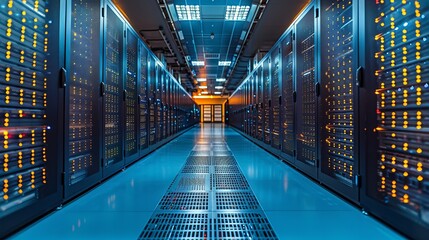 Modern web network and internet telecommunication technology, big data storage and cloud computing computer service business concept: server room interior in datacenter in blue light - obrazy, fototapety, plakaty