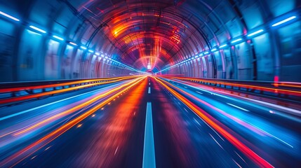 Motion blur background captures speeding cars inside an urban highway tunnel.