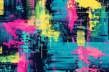 digital glitch art pattern using bold, high-contrast colors such as electric blue, neon green, and hot pink, with distorted shapes and pixelated textures as abstract graffiti background illustration. 