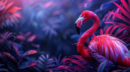 Pink Flamingo Stands in Field - obrazy, fototapety, plakaty