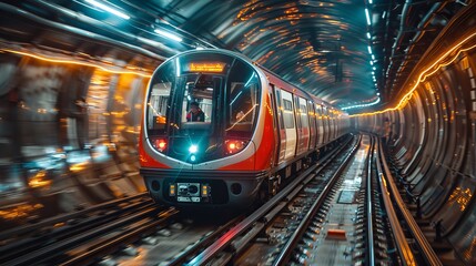 Motion blur captures the movement of a train inside a tunnel.