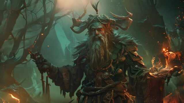  Fantasy  of a druid with antlers casting spells in a mystical forest