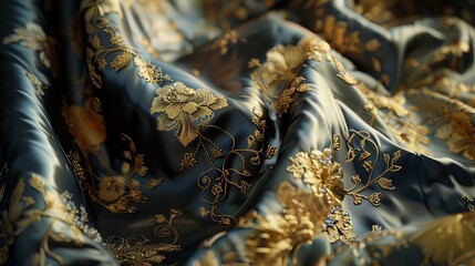 a vision of elegance where plush velvet meets sumptuous silk satin, embellished with luxurious floral designs woven in gleaming gold threads.