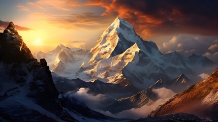 Realistic photo of the Himalayas, Ama Dablu Skeleton Mountain, sunrise, high mountains, snowcapped peaks, dramatic sky