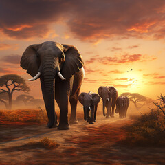 3d rendered photo of Elephant herd against the sunset - obrazy, fototapety, plakaty