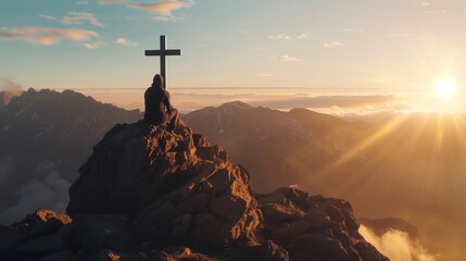 A man sits on top of a mountain in front of a Christian cross - obrazy, fototapety, plakaty