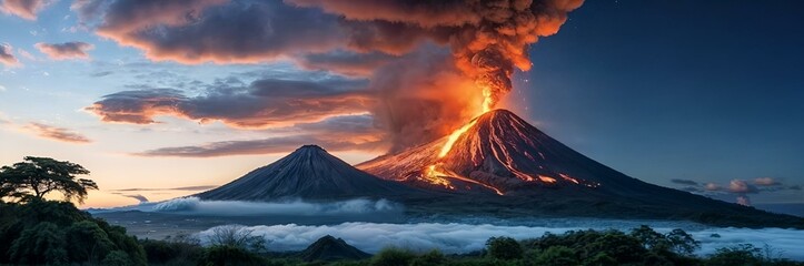 A volcano erupts, spewing lava and ash high into the air. - obrazy, fototapety, plakaty