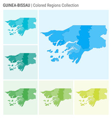 Guinea-Bissau map collection. Country shape with colored regions. Light Blue, Cyan, Teal, Green, Light Green, Lime color palettes. Border of Guinea-Bissau with provinces for your infographic.