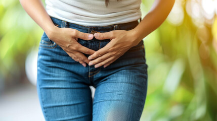 Close-up of a woman holding her lower abdomen, indicating discomfort and pain. Health concept close up
