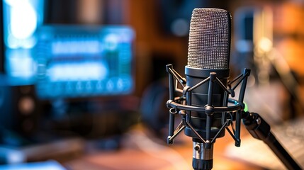 Podcast microphone in blured studio background