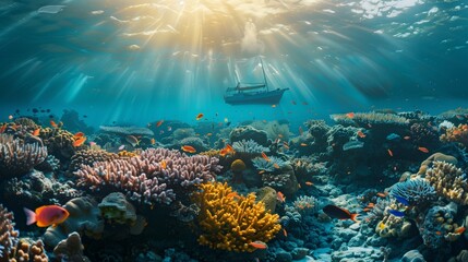 Beneath the surface of crystal-clear waters, a vibrant coral reef teems with life, providing a colorful backdrop to the silhouette of a fishing boat above. - obrazy, fototapety, plakaty