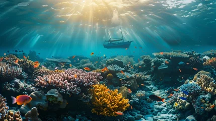 Foto op Aluminium Beneath the surface of crystal-clear waters, a vibrant coral reef teems with life, providing a colorful backdrop to the silhouette of a fishing boat above. © Ayesha