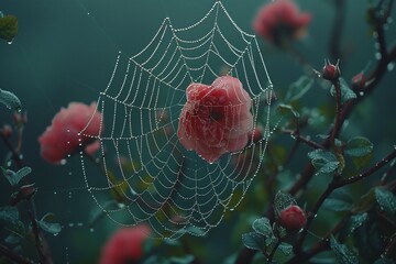Spider Web with Dew on Blooming Roses
