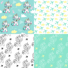 Cute summer collection with unicorn traveler, plane and suitcase seamless pattern. Vector illustration for coloring book for children