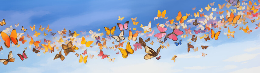 Fototapeta na wymiar Whimsical Butterfly Migration in Pastel Sky Illustration