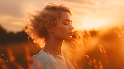Radiant Serenity: Close-Up of a Woman's Face in a Peaceful Field During Golden Hour