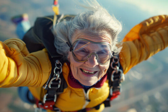 A woman in a yellow jacket is smiling as she skydives. Concept of adventure, as the woman is taking a risk and enjoying the thrill of the experience. Funny and smiling elderly woman has fun skydiving.