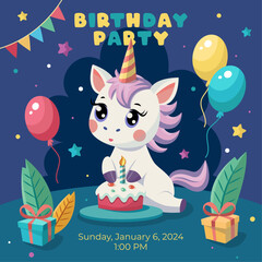 Birthday party invitation with baby unicorn