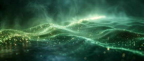 Fototapeta premium Green Neon Light Abstract, Green neon fluid, glowing futuristic abstract background, swirl, line, boxes, data transfer or equalizer, wallpaper Abstract 3D illustration of glowing bright green neon,Ai 