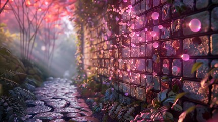Hidden within a secret garden, a mystical 3D mosaic tile brick wall rises, adorned with a whimsical pink bubble pattern.