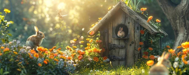 Fotobehang Rustic rabbit hutch in a green garden, happy rabbits hopping around, a natural and comfortable habitat. © JackBoiler