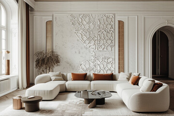 The luxury living room interior design and white pattern wall background 