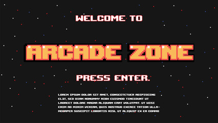  welcome to game zone.pixel art .8 bit game.retro game. for game assets in vector illustrations.Retro Futurism Sci-Fi Background. glowing neon grid.and stars from vintage arcade comp