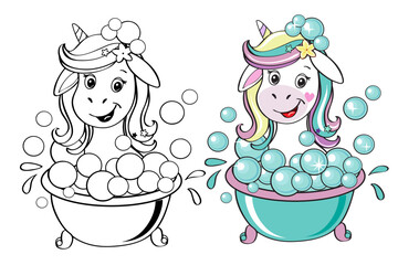 Cute summer unicorn bathes in the bathroom. Vector illustration in color and black and white version. Coloring book for children