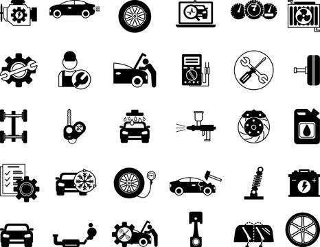 Black Car Service Icons Set. Vector Icons of Car, Engine, Wheel, Car Wash, Electrical Maintenance, Body Repair, Service, Windshield Wiper, Machine Oil and Other
