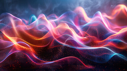 Obraz premium A colorful, abstract image of a wave with a purple, orange and blue section. The image has a dreamlike and surreal quality. Moving, energetic and dynamic image. Ai generated