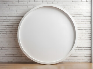 A mock-up of a blank white circle for the cafe, restaurant name, and logo. Mock-up signage for the front shop. Circle-shaped logo sign template design.