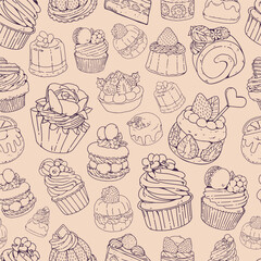 Seamless pattern of dessert line art. Dessert Food Hand Drawn Doodle Seamless Pattern Background. Pattern for fabric and wrapping paper, Pattern for design wallpaper and fashion prints.
