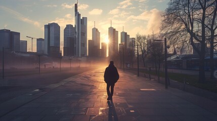 A person walks alone along the street, surrounded by the rising sun and the fog between the high-rise buildings.